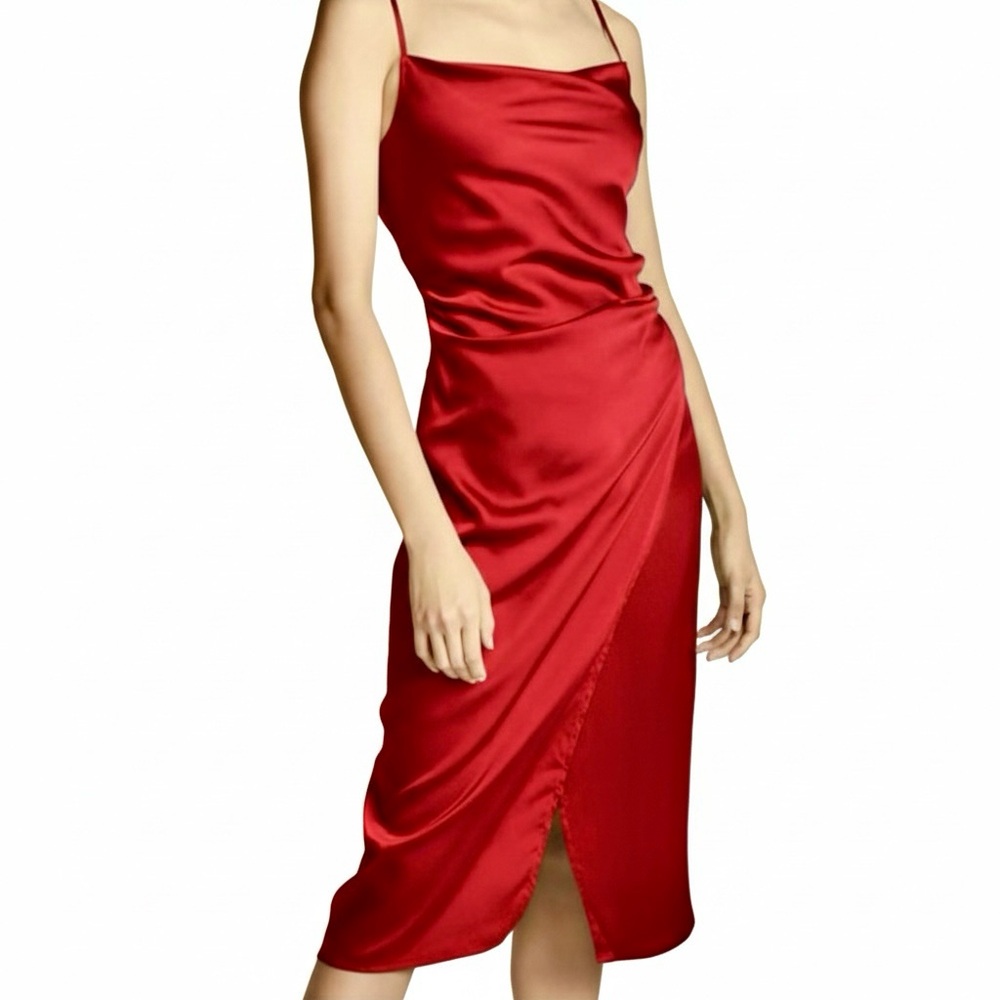 re:named Red Maddy Midi Cowl Neck Slip Dress | Size M